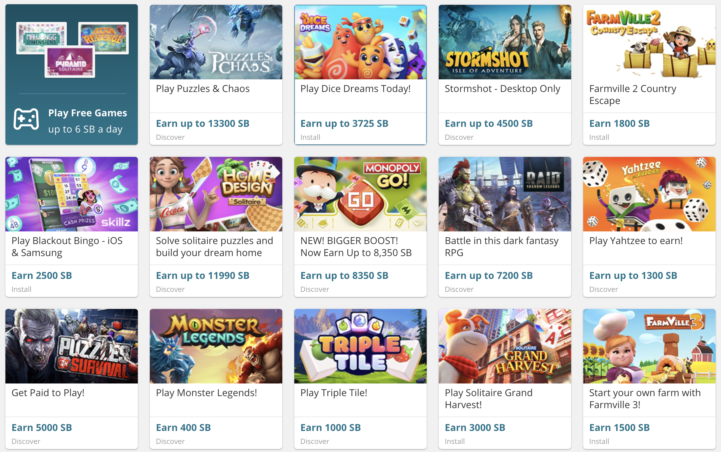 Description: A screen shot of a variety of games on sale, offering opportunities to get paid while playing.