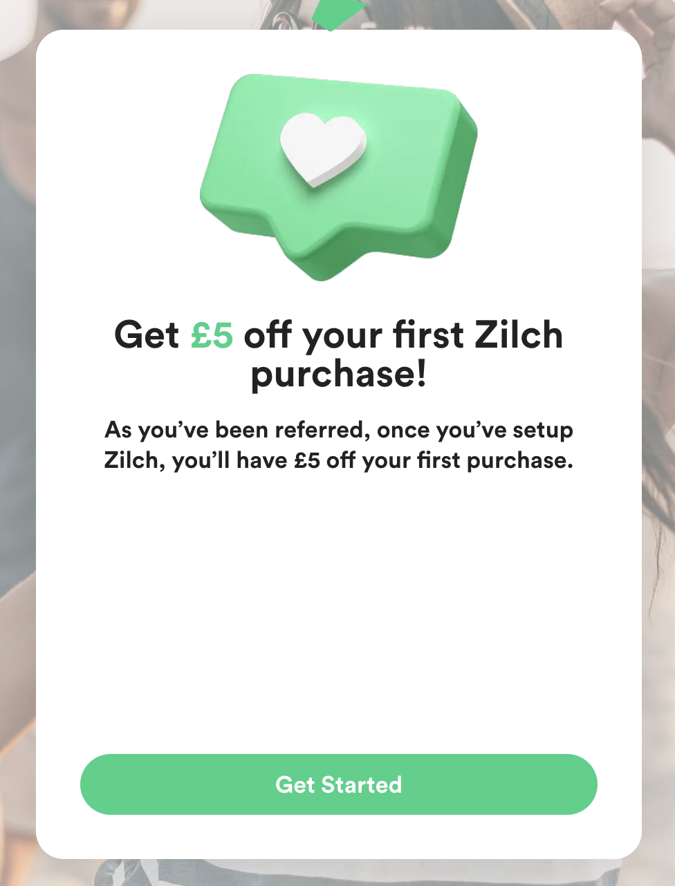 Screenshot of the Zilch referral link page saying Get £5 free money off your first zilch purchase