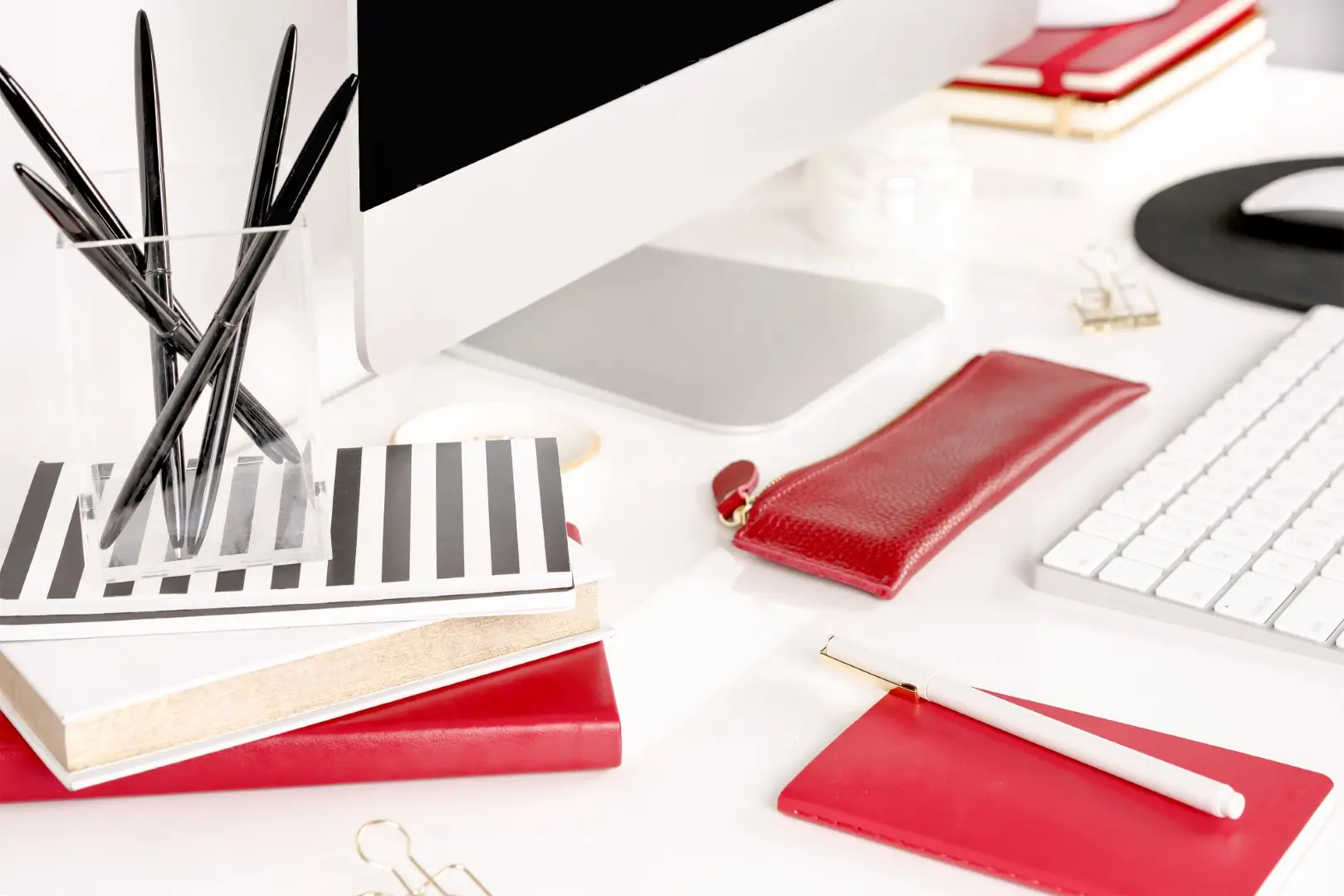 red and white desktop and computer layout