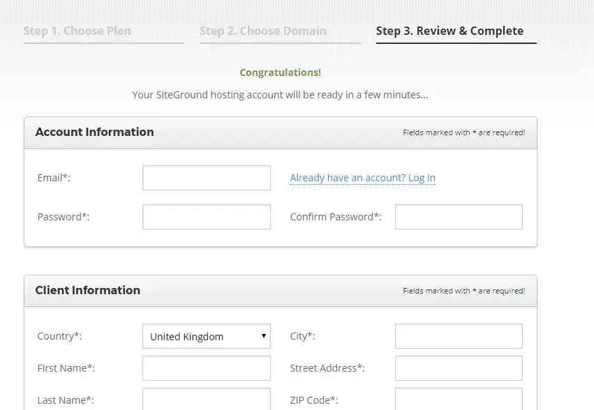 How to start a blog to make money: regsister your account on Siteground